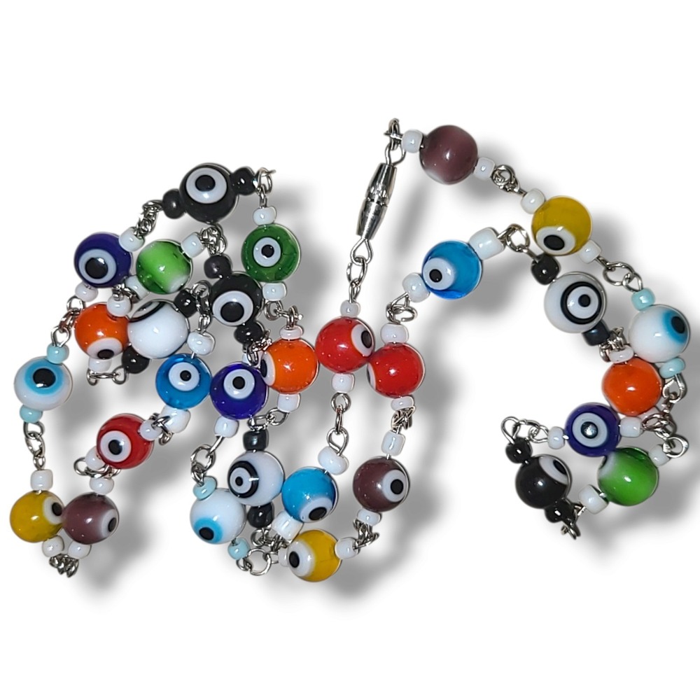 Colorful Lamp Work Glass Evil Eye Bead Necklace 24"